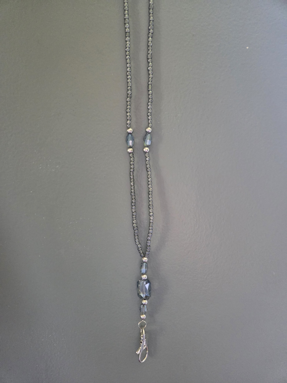 Handmade Grey Beaded Lanyard Necklace with Crystal Accents